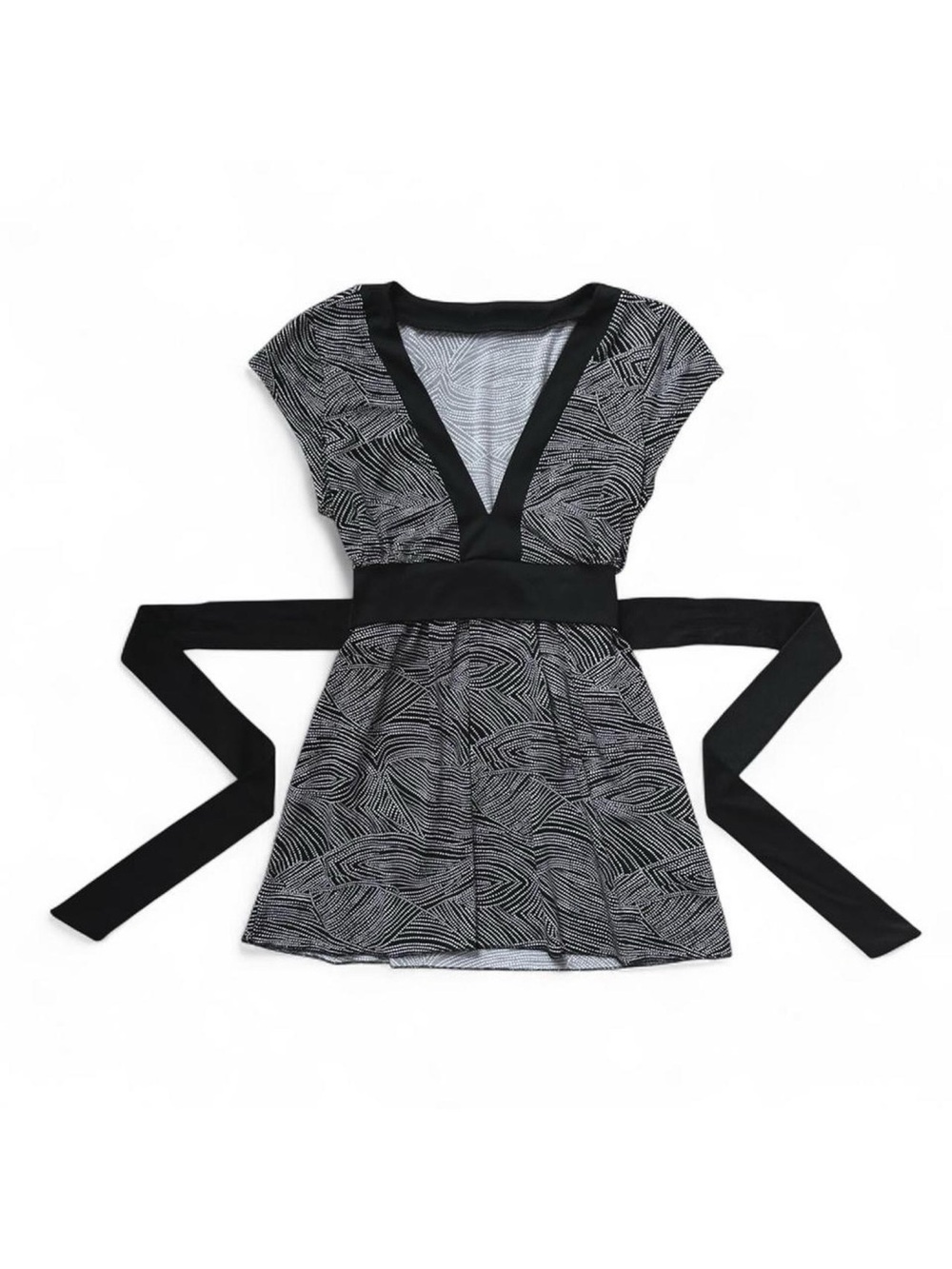 Y2K 2000s Black & White V-Neck Babydoll Top with Waist Tie